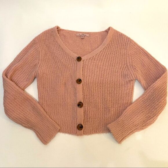 Love Tree ribbed soft dusty rose cropped cardigan with tortoiseshell buttons S - Picture 1 of 11